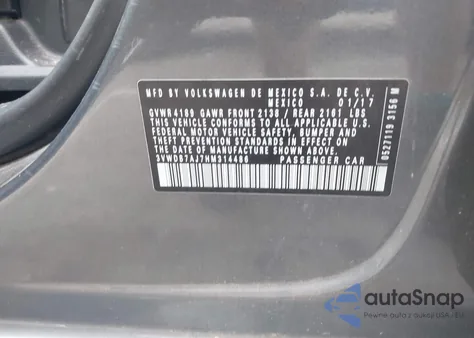 2017 Volkswagen Jetta 1.4T Se z USA, uszkodzony, nr VIN 3VWDB7AJ7HM314486